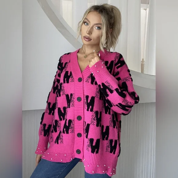 Pink and Black Women's Cardigan Sweater With Pearl Trim. One Size Fits